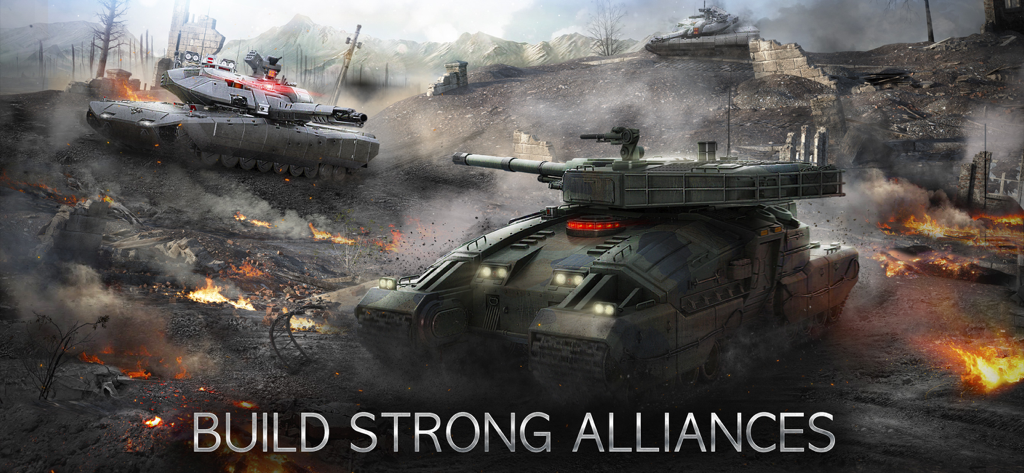 인스턴트 워 궁극의 전쟁에서 텍스트 '강력한 동맹 구축'과 함께 전장에서의 미래형 전차