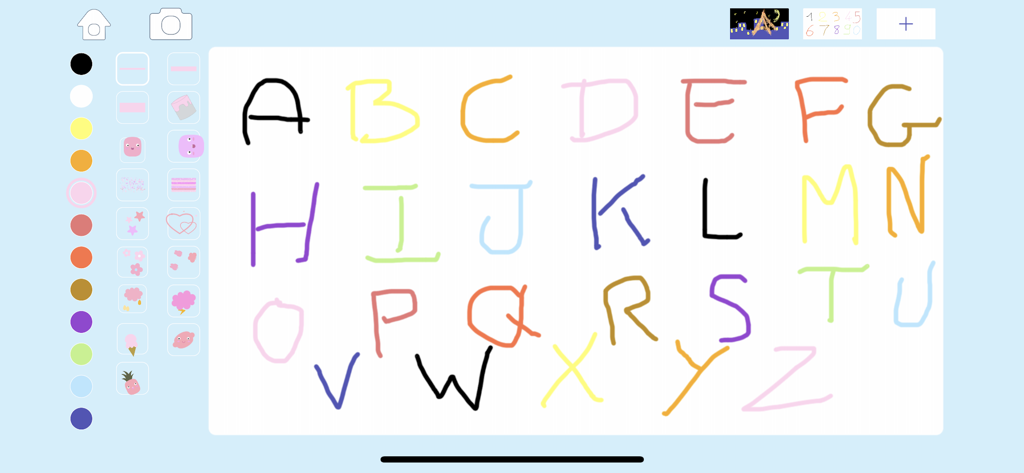 子供向けの描画ツールを備えたデジタルキャンバスに、カラフルで手描きのアルファベット