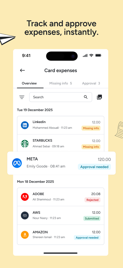 Pemo mobile app interface showing card expenses dashboard with real-time status updates for business spending and approvals