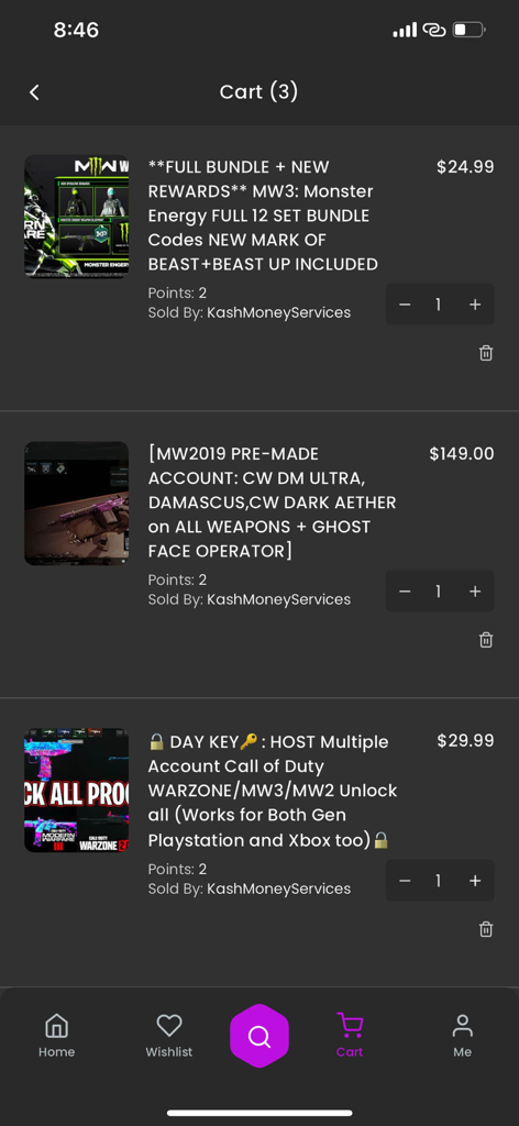Online Gaming Marketplace - Shopping cart screen in the Online Gaming Marketplace app showing game bundles and pre-made accounts
