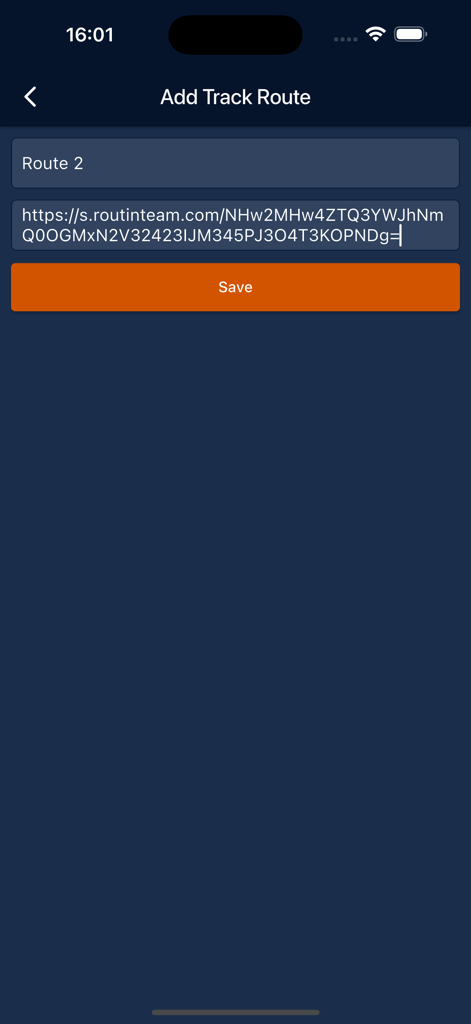 Interface of the Routin-Customer app showing the screen to add a new tracking route link