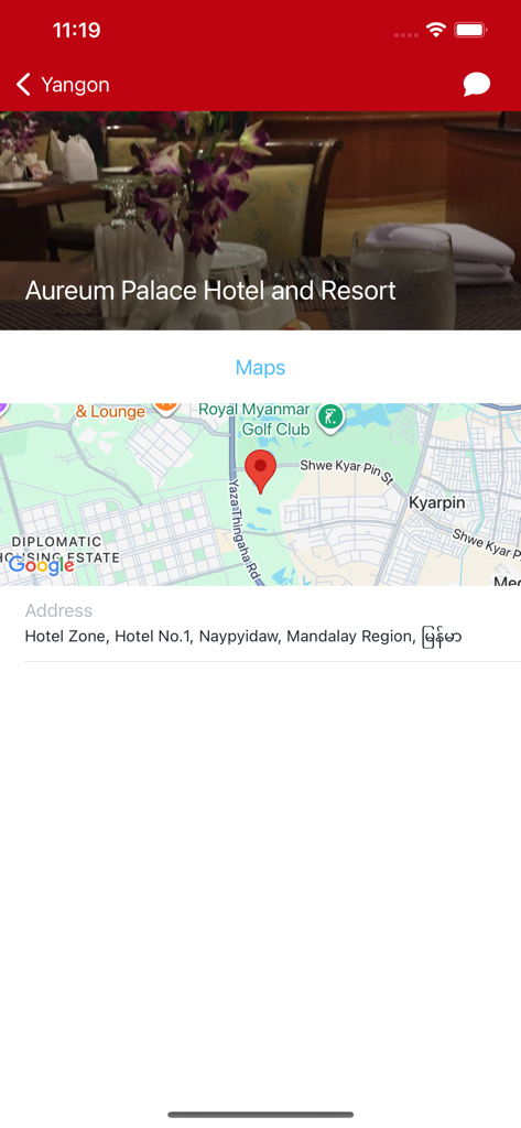 Cocha app interface displaying the Aureum Palace Hotel address and map location in Myanmar.