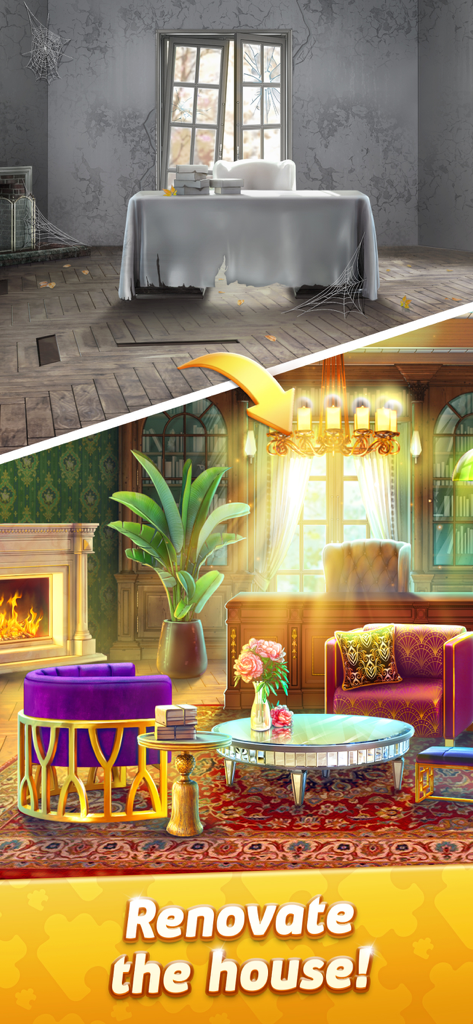 Puzzle Villa: Jigsaw Games - Vorher-Nachher-Vergleich einer renovierungsbedürftigen Räumlichkeit, die in ein luxuriöses Büro verwandelt wird