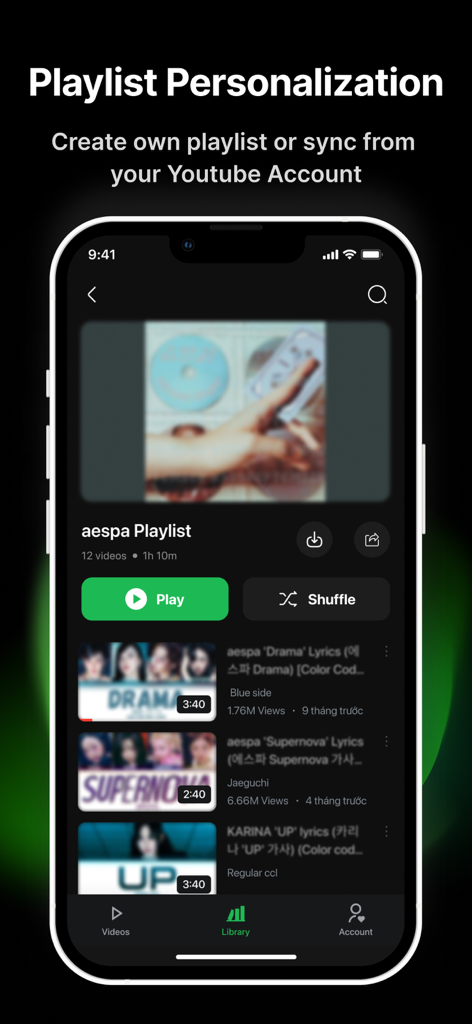 Pure Tuber Pro app interface showing the playlist personalization screen with options to play and sync music from YouTube