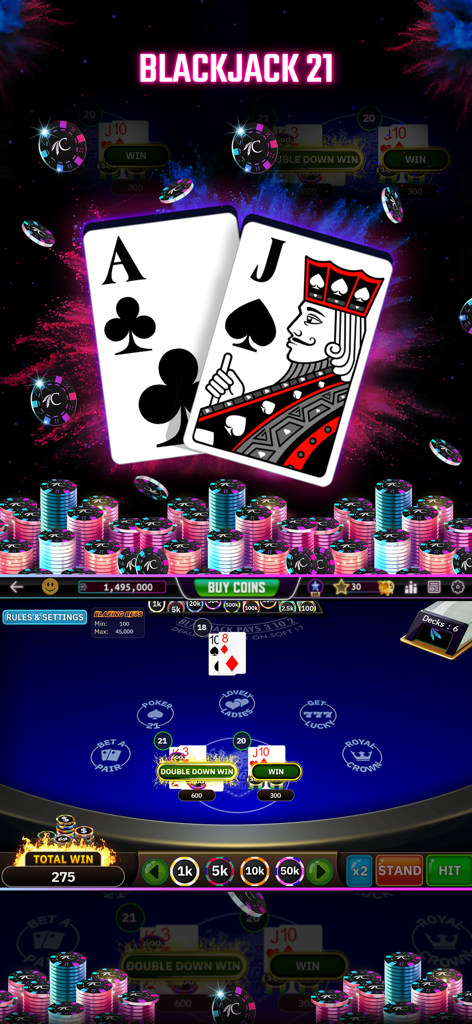 Choctaw Slots - Casino Games - Gameplay de Blackjack 21 dans l'application mobile Choctaw Slots avec des cartes numériques et des jetons de mise