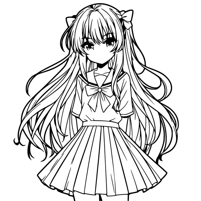 anime woman with long hair and bangs wearing skirt