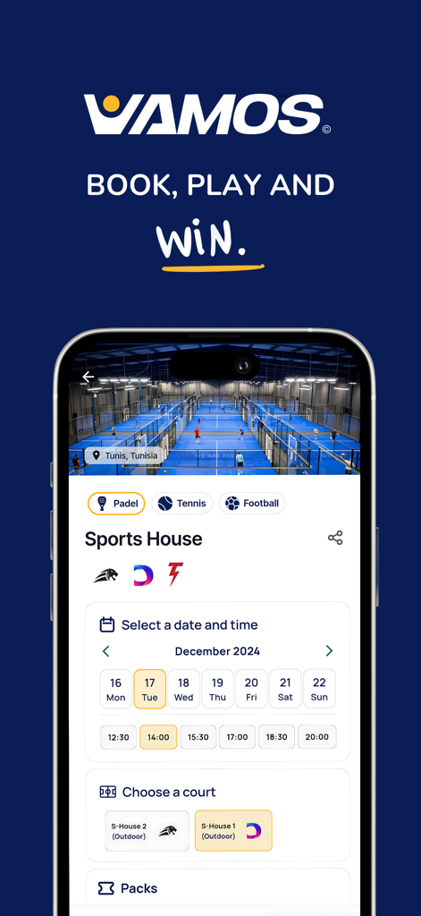 Vamos: Book, Play, Win - Vamos mobile app screen showing sports court booking for Padel and Tennis with date and time selection