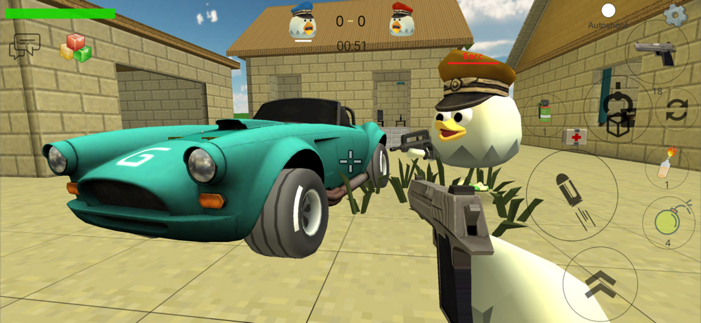 Chicken Gun - First person shooter gameplay in Chicken Gun featuring armed chickens and a sports car