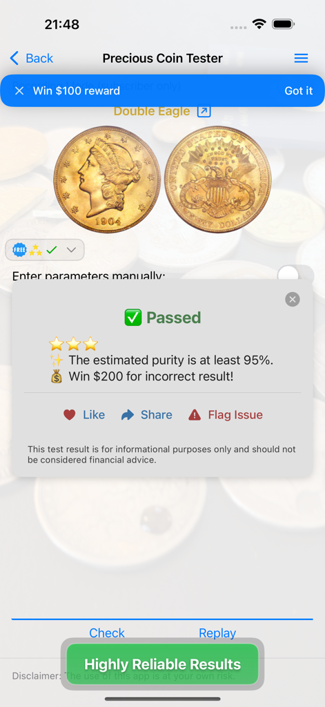Precious Coin Tester - Screenshot of the Precious Coin Tester app showing a successful three-star purity test result for a 1904 gold Double Eagle coin.