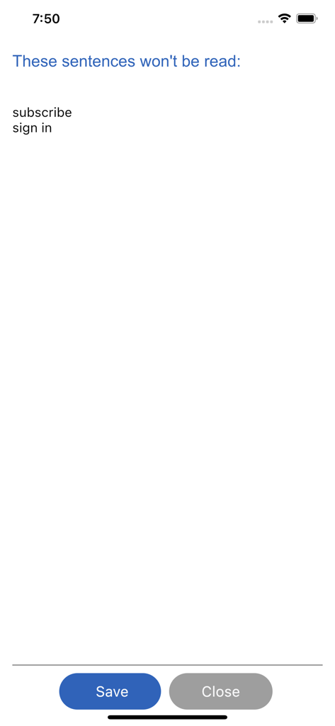 AI Read Aloud Text To Speech - Interface for managing a list of skipped sentences in the AI Read Aloud app