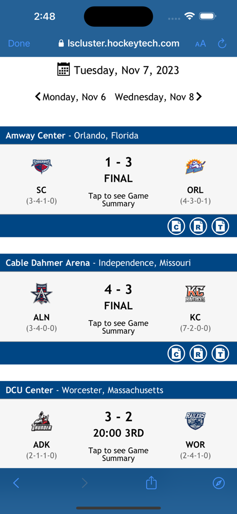 ECHL mobile app interface showing live hockey game scores and arena information