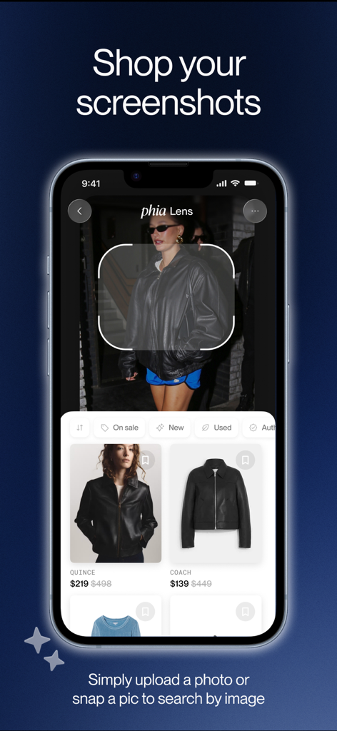 Phia app visual search tool showing how to shop and find similar items by uploading screenshots or photos.