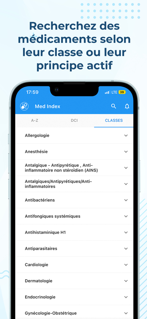 Med Index Pro - Interfaz de la aplicación Med Index Pro mostrando una lista de clases de medicamentos buscables