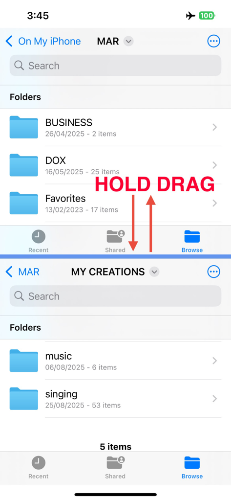 Screenshot of fileSplit app showing two file explorer windows with an adjustable split screen divider