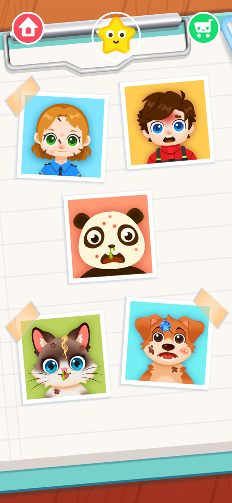 Character selection menu displaying human and animal patients with various medical issues on a clipboard background