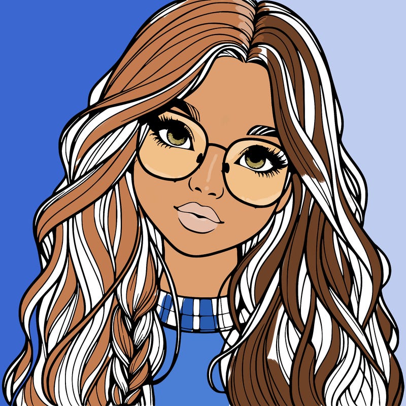 girl with long hair and freckles and glasses realistic