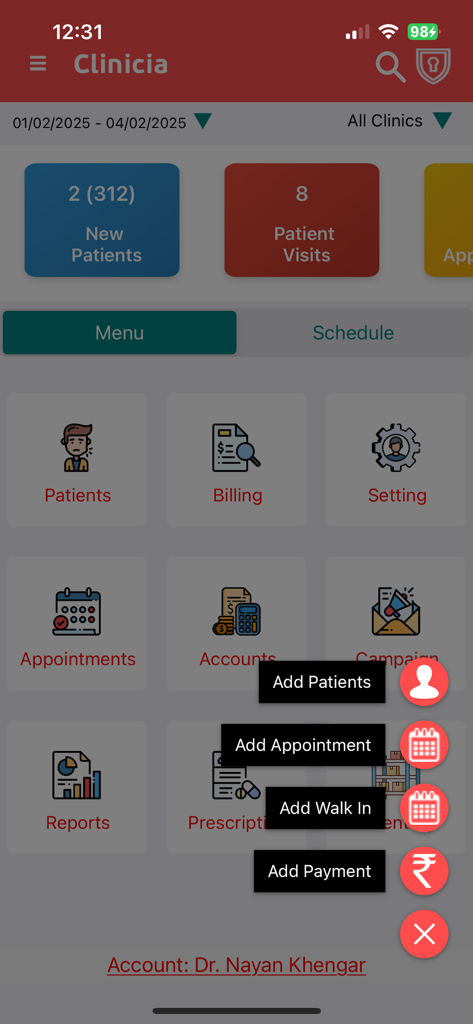 Dashboard der Clinicia Praxismanagement-App mit Patientenstatistiken und Schnellaktionsmenüs für Terminplanung und Abrechnung