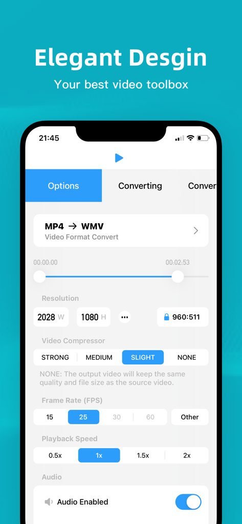 Interface de configurações de conversão de vídeo no aplicativo Video Converter Pro mostrando opções de resolução, compressão e taxa de quadros.