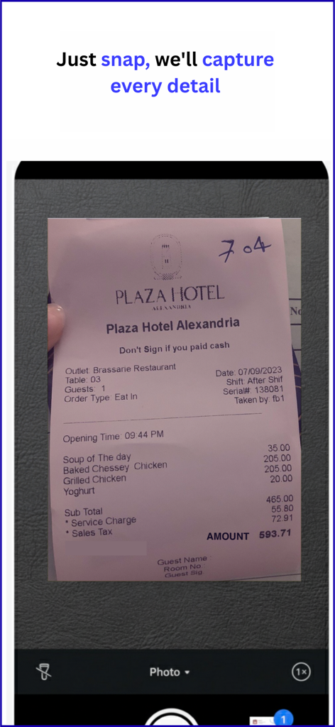 Mobile app interface showing AI powered receipt scanning feature capturing a hotel bill