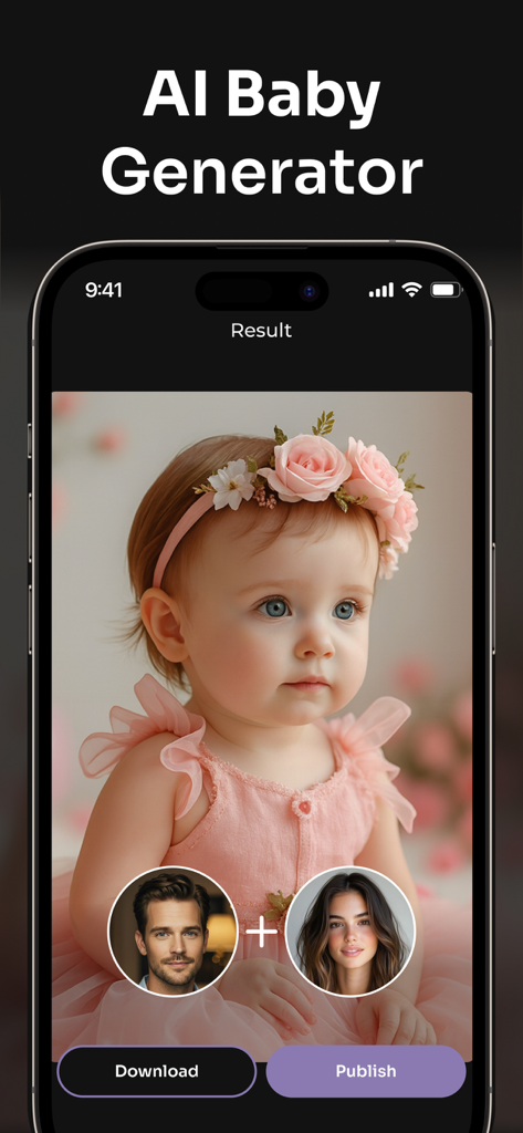 X Art: AI Photo Generator - Interface of the X Art app showing an AI-generated baby portrait created from photos of two parents.