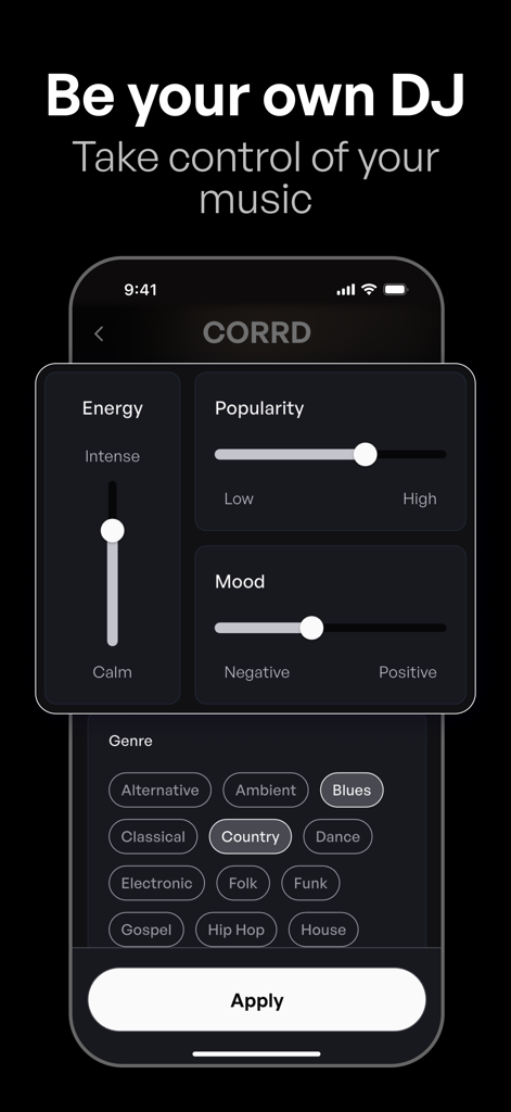 Interface of the CORRD app showing sliders to customize music by energy, mood, popularity, and genre.