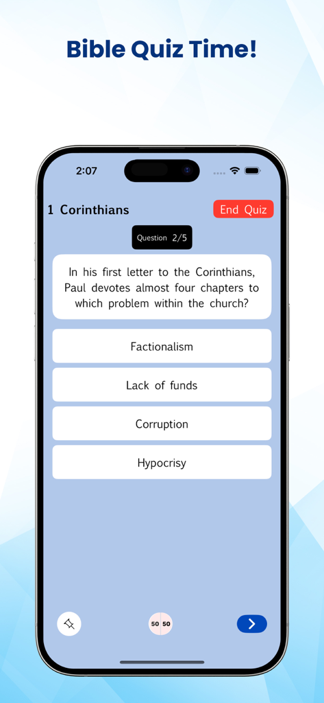 A Bible quiz screen in the Latin Vulgate Bible app showing a multiple choice question about the book of 1 Corinthians.