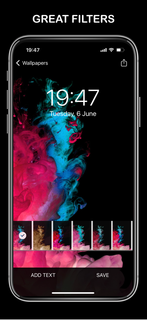 Black Wallpaper Dark Sad 4K - iPhone screen displaying photo filters for a dark smoke wallpaper with add text and save options