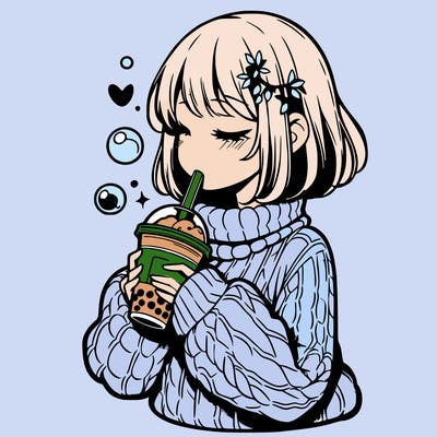 manga girl drinking boba in cozy sweater