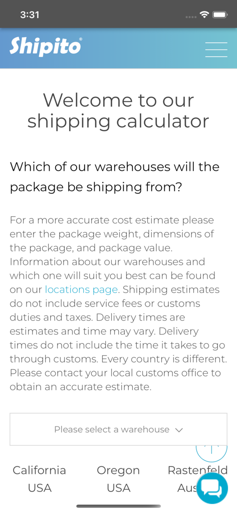 Interfaz de la aplicación Shipito que muestra la pantalla de la calculadora de envío con opciones de ubicación de almacén para California y Oregón.