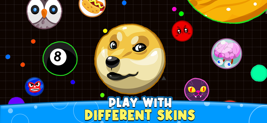 Agar.ioのゲームプレイ、Dogeや8ボールなどの様々な細胞スキンが表示されている