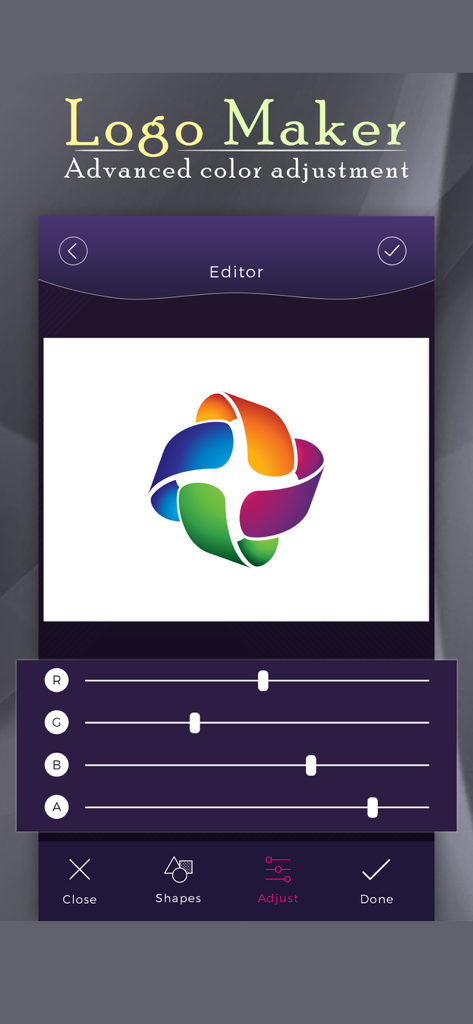 Logo Creator : Best Logo Maker - Interfaz de aplicación móvil mostrando ajuste avanzado de color con deslizadores RGB para el diseño de un logo