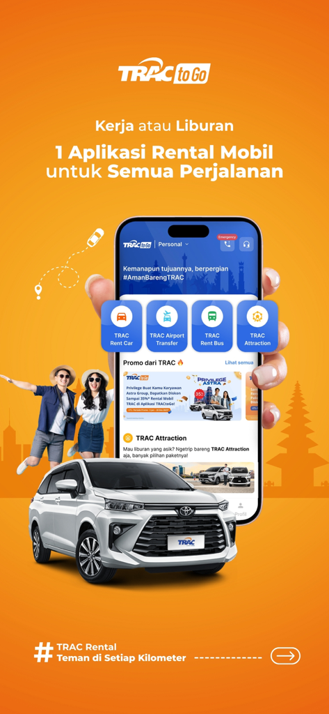 TRACtoGo: Rental Mobil & Bus - Interface do aplicativo móvel TRACtoGo mostrando serviços de aluguel de carros, traslado para aeroporto e aluguel de ônibus na Indonésia