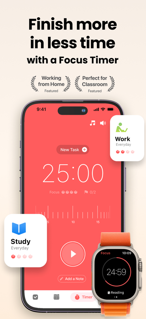 Focus Keeper - Pomodoro Timer - Focus Keeper 뽀모도로 타이머 인터페이스, iPhone 및 Apple Watch에서 25분 집중 세션을 보여줌