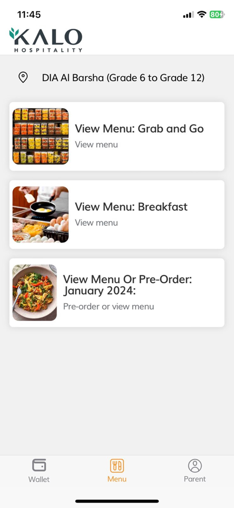 Kalo Hospitality app interface showing school meal menu options for breakfast and pre-ordering