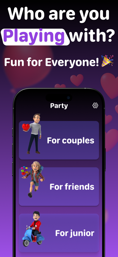 A menu screen in the Never Have I Ever party app showing game categories for couples friends and juniors