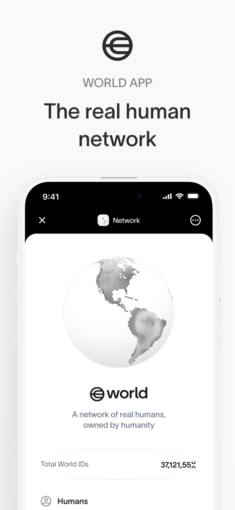 World App - Real Human Network - Interfaz de World App en un smartphone mostrando el lema La red humana real con un icono de globo digital.