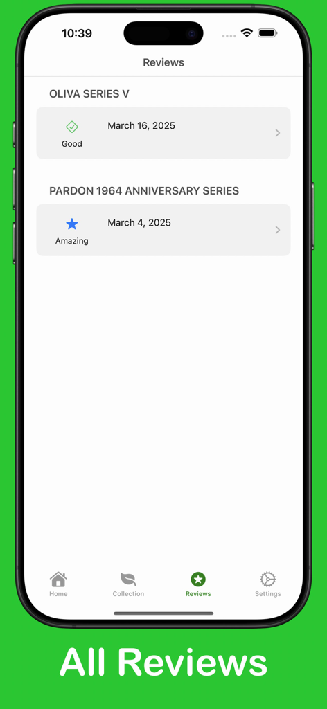 Interfaz que muestra una lista de reseñas personales de puros con nombres de marcas y calificaciones de estrellas