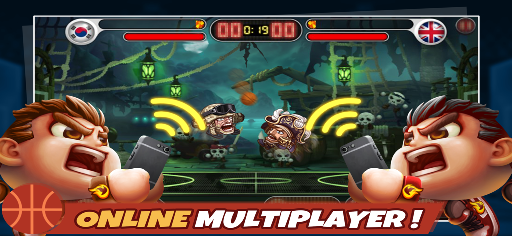 Schermata multiplayer online del gioco mobile Head Basketball con personaggi in stile cartone animato