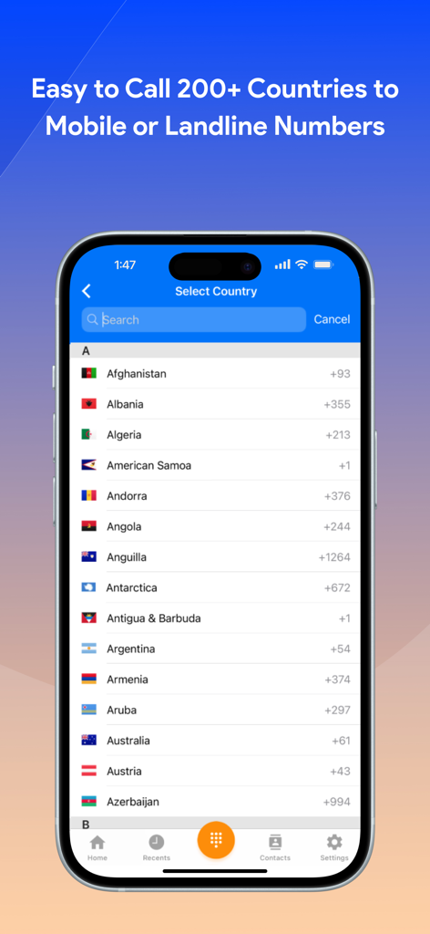 WiFi Phone Call by Moon Dialer - Bildschirm der Moon Dialer App, der eine Liste von über 200 Ländern mit internationalen Vorwahlen anzeigt.