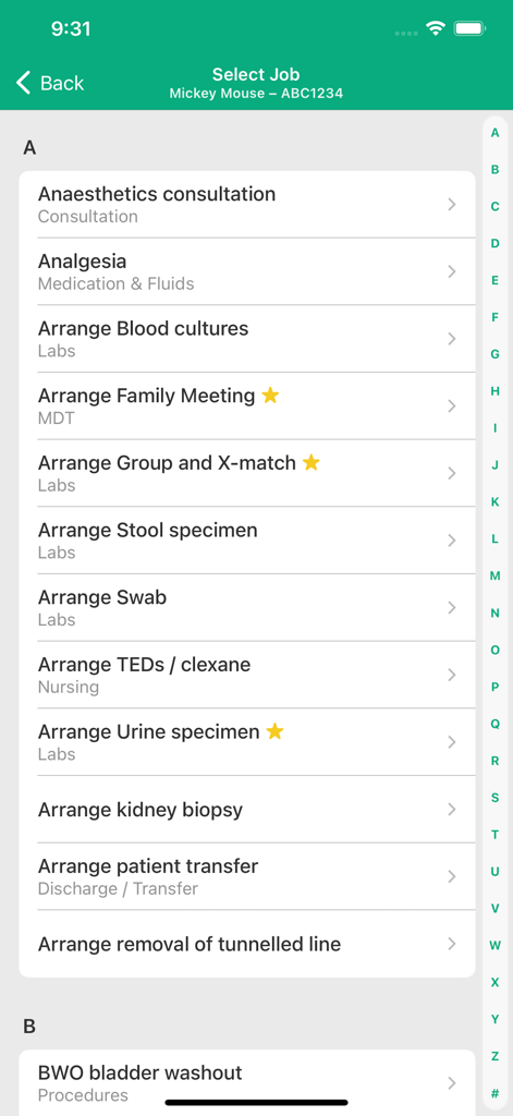 A clinical task selection screen in the Cortex app showing a list of medical jobs for a patient