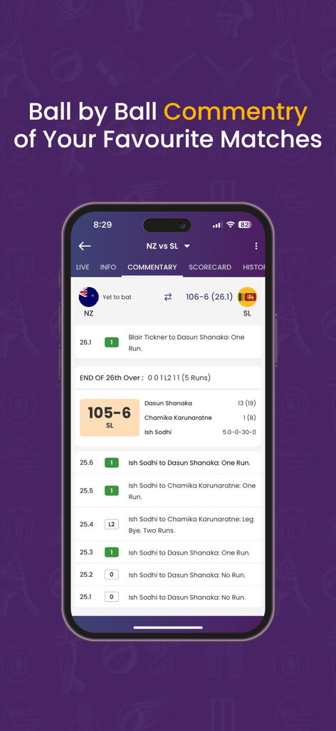 Cricket Guru - Cricket Guru app displaying live ball by ball commentary for a cricket match