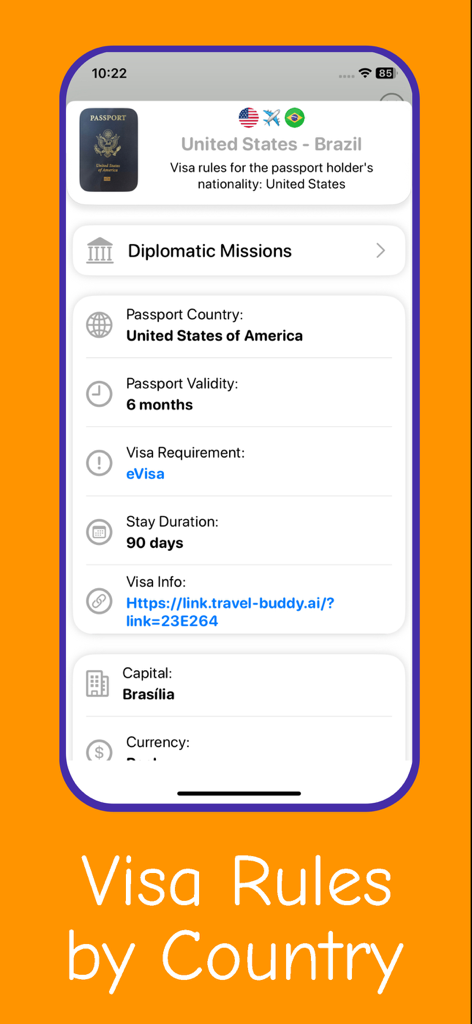 Nomad: Smart Travel Assistant - Nomad app interface displaying visa rules and travel requirements for US citizens visiting Brazil