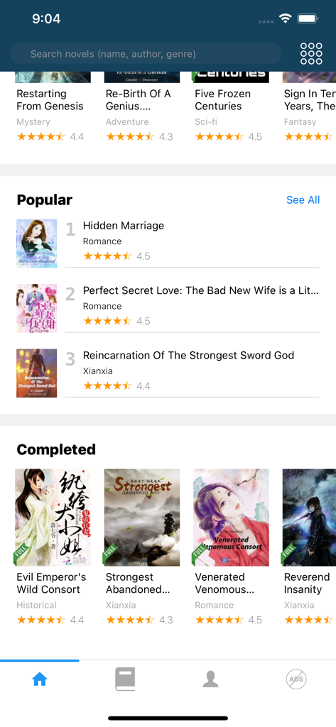 NovelReader mobile app home screen showing trending and completed book categories.