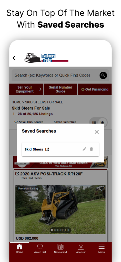 MachineryTrader: Buy Equipment - MachineryTrader app interface showing the saved searches popup window for heavy equipment like skid steers.