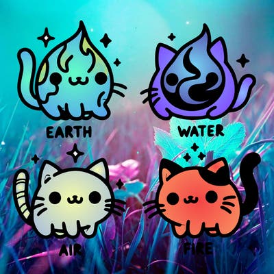 4 cats that represent the different elements, earth, water, air, and fire