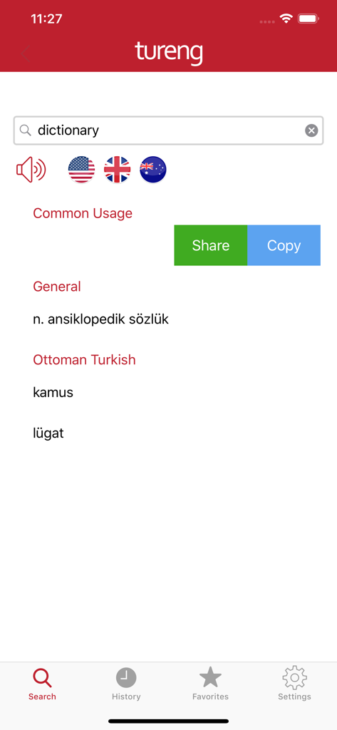 Interface of the Tureng Dictionary app showing English to Turkish translations and pronunciation options for the word dictionary