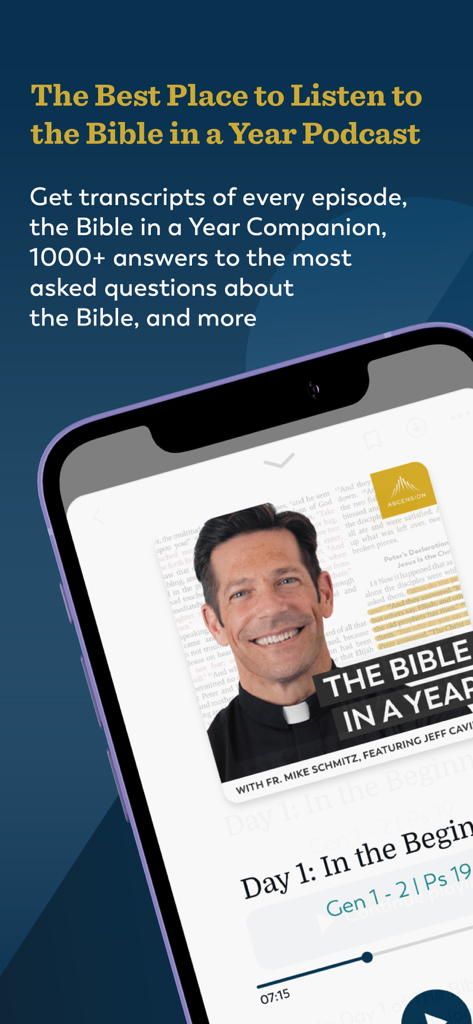 Ascension app screen displaying the Bible in a Year podcast with Fr Mike Schmitz