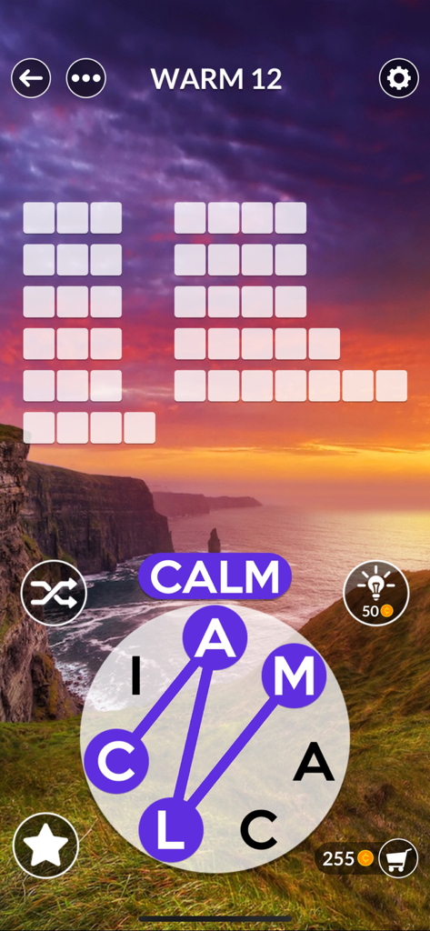 Wordscapes Uncrossed word puzzle on a relaxing sunset background
