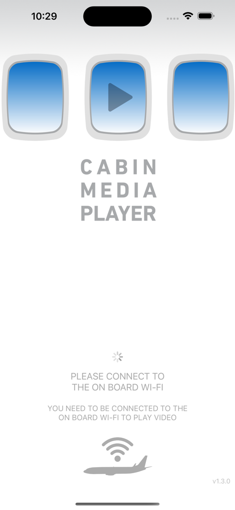 Cabin Media Player - Cabin Media Player splash screen featuring airplane window graphics and a prompt to connect to onboard Wi-Fi.