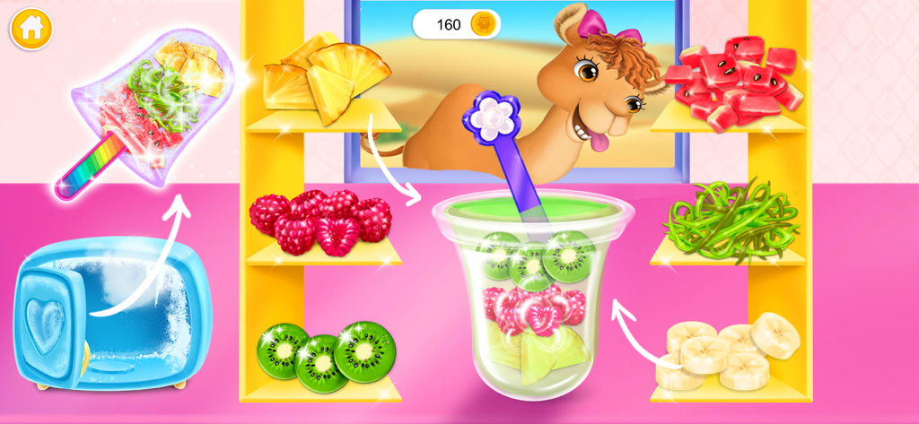 Swirly Icy Pops - Crisp the Camel haciendo un colorido helado de frutas con ingredientes frescos en el juego Swirly Icy Pops